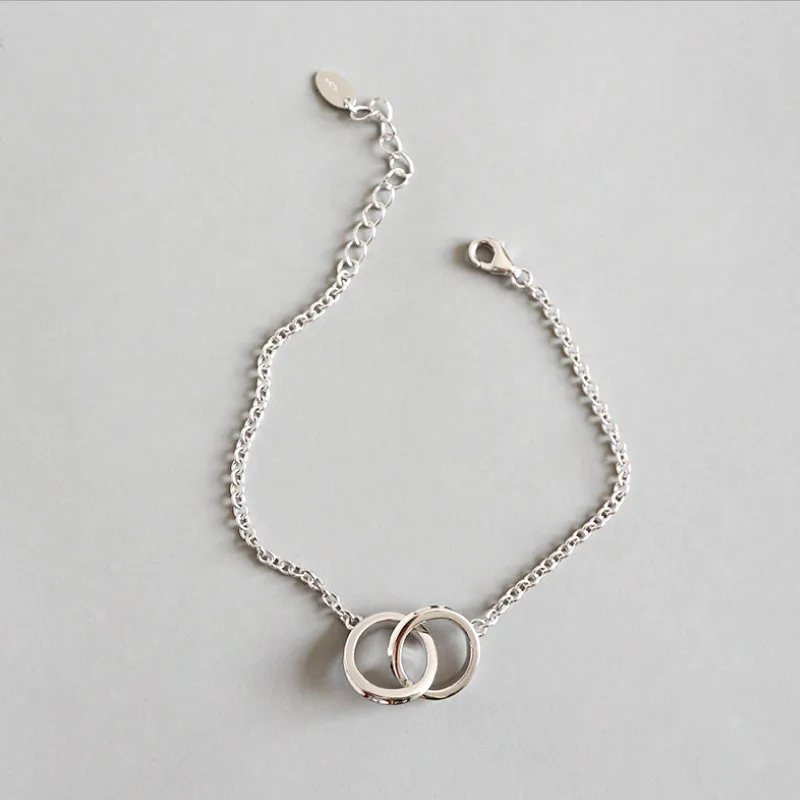 925 Solid Sterling Silver Simple Double Circle Charm Chain Bracelet for Women - Цвет камня: Белый