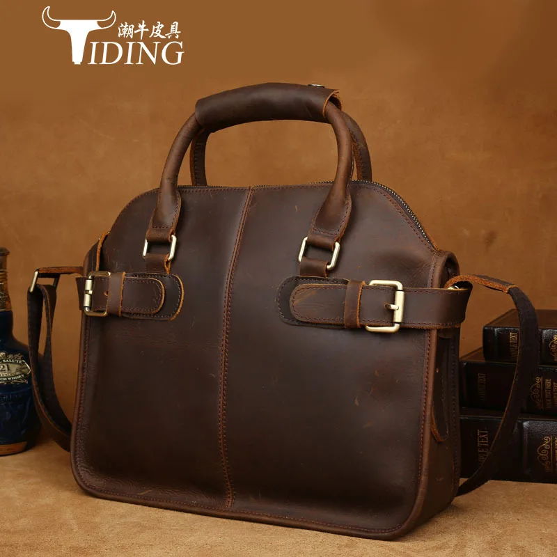 

Genuine Leather TIDING Crazy Horse Leather Men Messenger Bag Handbags Briefcase Yuppie Style Shoulder Bag Travel Crossbody Bag