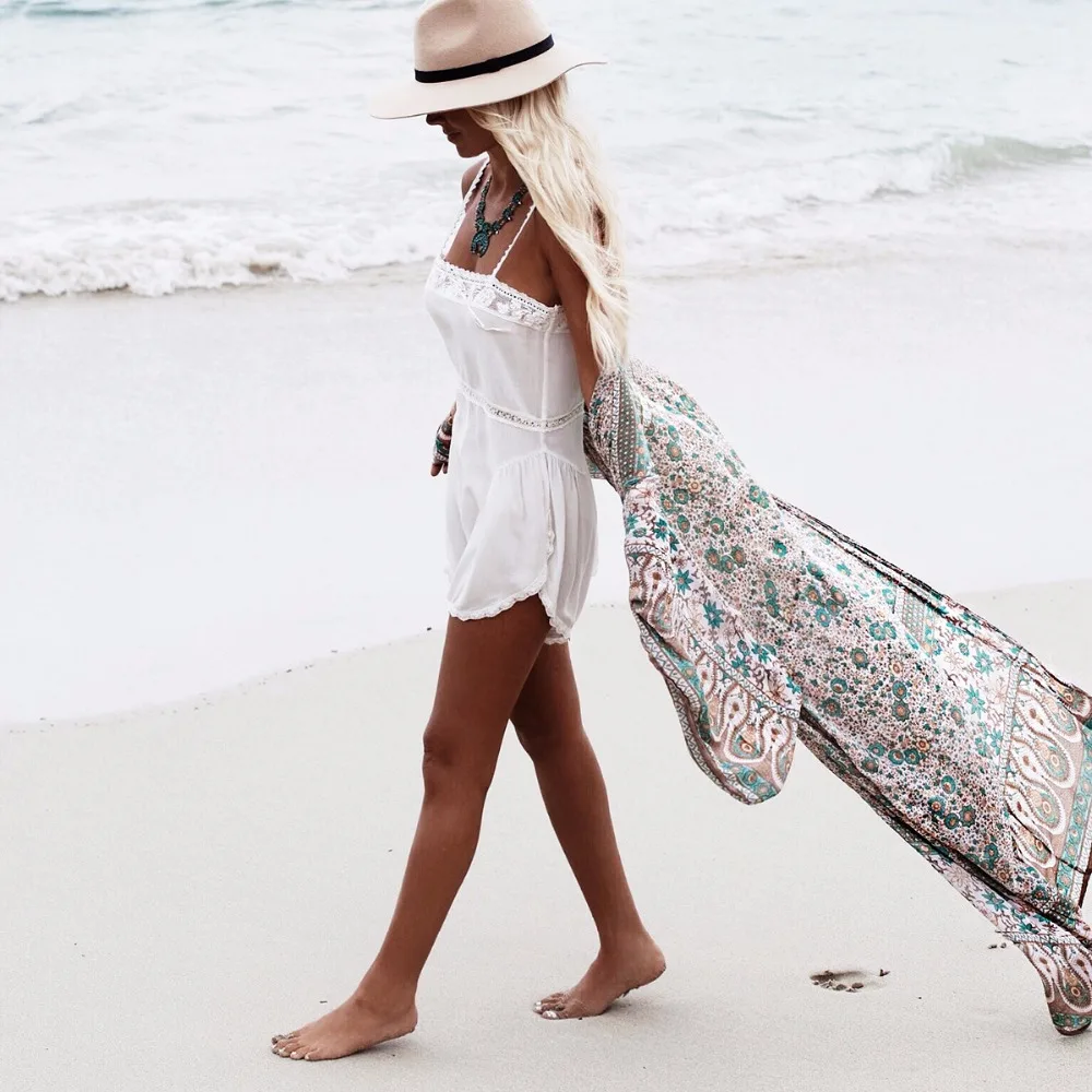 Puseky Floral Printing Beach Chiffon Maxi floral kimono Woman's Fashion Summer 2017 Sexy Tops Long Sleeve Long Kimonos