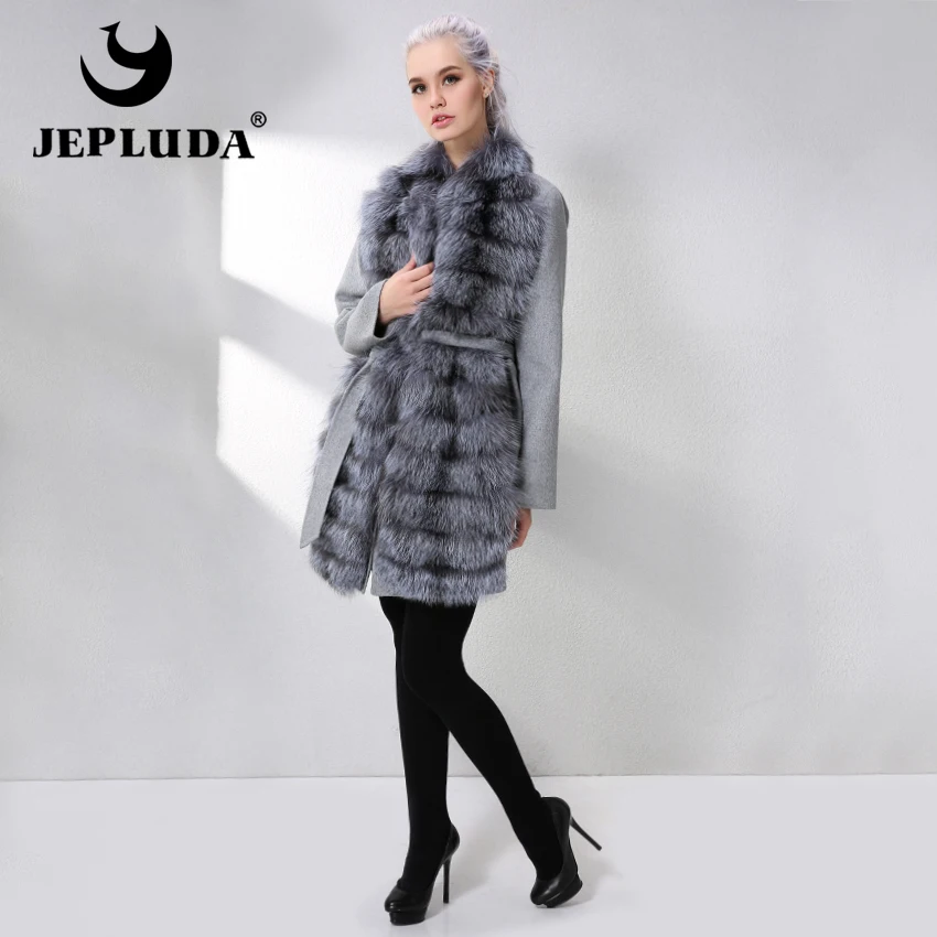 JEPLUDA Новый Кашемировое Пальто Женщин с Натуральной Мех Лисы Женское Шерсть