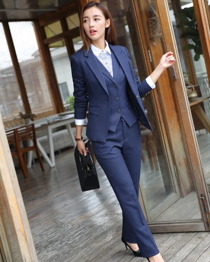 Высокое качество, формальные комплекты из 3 предметов, женские деловые костюмы, жилет, брюки и куртка, комплекты, Офисная форма, дизайн - Цвет: Тёмно-синий
