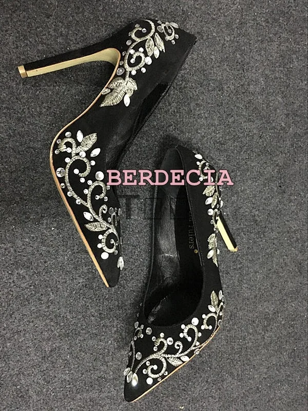 

Best selling beautiful Crystal embroidered shallow cut pumps black suede pointed toe high heel stiletto shoes party for ladies