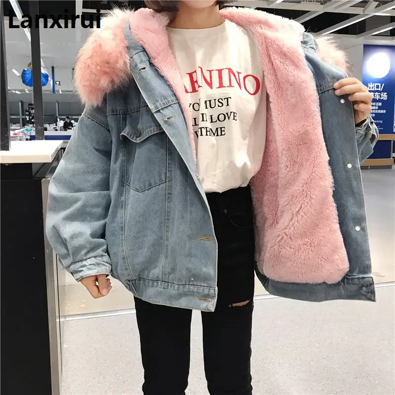 Новинка, теплая зимняя женская куртка-бомбер, весенне-осеннее пальто с капюшоном, джинсовая куртка, базовая Женская ветровка, один размер, женская большая - Цвет: pink  fur