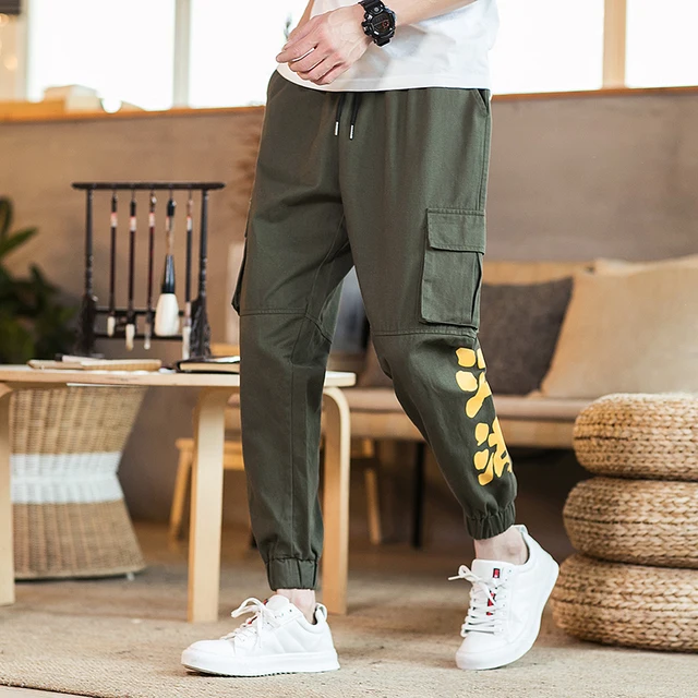 MR DONOO Chinese Letter Printed Cargo Pants Military Style Fashion Trousers Slim Fit joggers