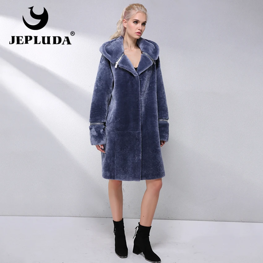 JEPLUDA Пальто Зимнее Женское Натуральным Мехом Австралия Овчина с Капюшоном