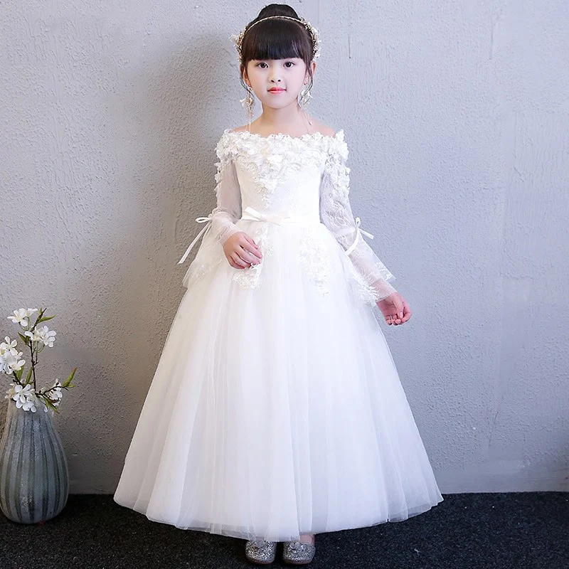 

Shoulderless Lace Floral Princess Dress White First Holy Communion Dress Long Sleeve Ball Gown Flower Girl Dresses for Wedding