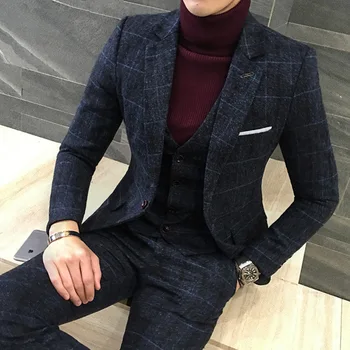 

3pc Suit Men British Styl Latest Coat Pant Designs Royal Blue Mens Suit Autumn Winter Thick Slim Fit Plaid Wedding Dress Tuxedos