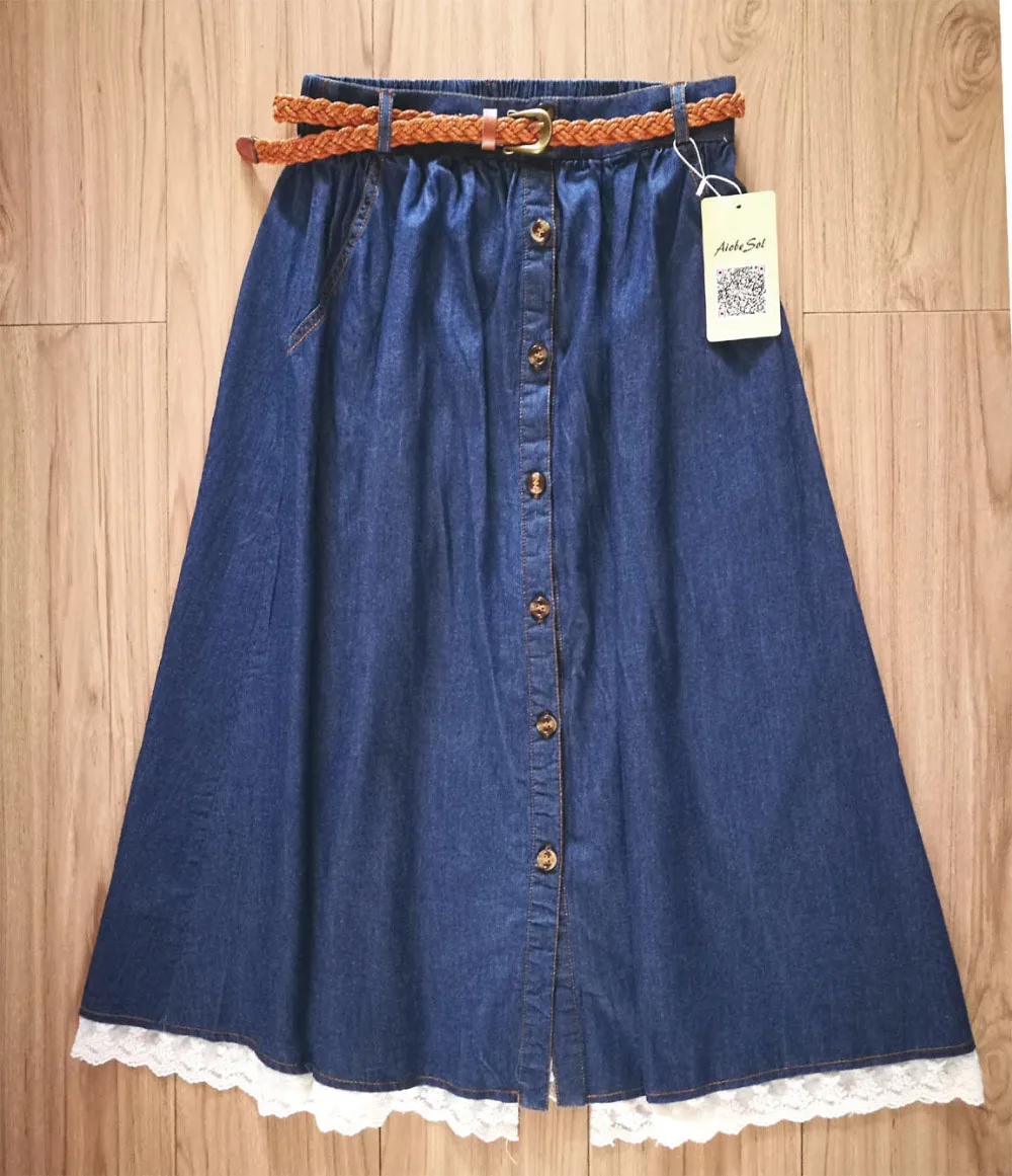 Лето 2016 Для женщин хлопчатобумажная юбка из денима Femme Mori Girl Стиль кружева лоскутное Однобортный плиссированная джинсовая юбка длинные Saias