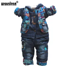 Новая Зимняя Детская Набор Хлопок Джинсовые Новорожденных Мальчиков Костюмы Повседневная Мода Мультфильм Дети Толстовки Джинсы Одежда для Новорожденных Наборы