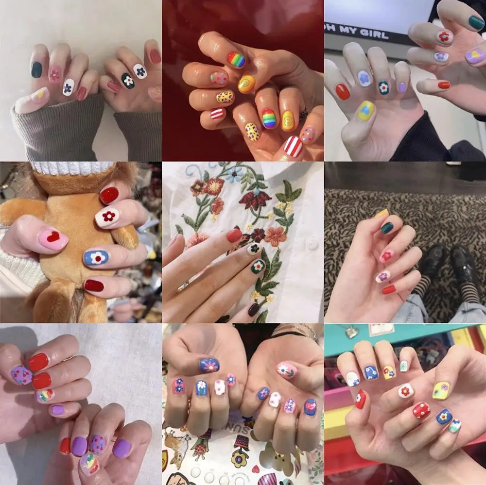 

7 sets/pack ! New Korean hot selling flower series nail stickers Ins fashion cartoon pattern false nails lady pure color nail o
