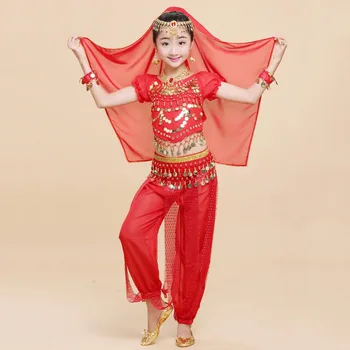 

2018 Girl Children Belly Dance Costumes 2Pcs 5Pcs Chiffon 120D Sequin Clothing For Kids Danza Vientre Tribal Reflective Fabric
