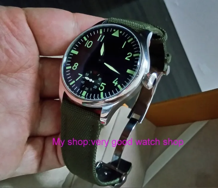 

green luminous 44mm parnis 6498 / ST3621 17 jewels Mechanical Hand Wind movement butterfly buckle men's watches 380A
