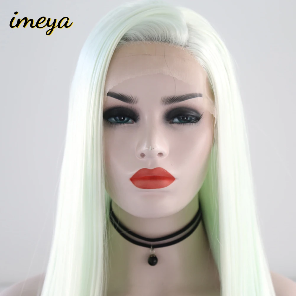 Imeya Long Silky Straight Light Green Color Synthetic Lace Front Wigs 26Inch Side Part With High Bangs Heat Resistant Fiber Hair