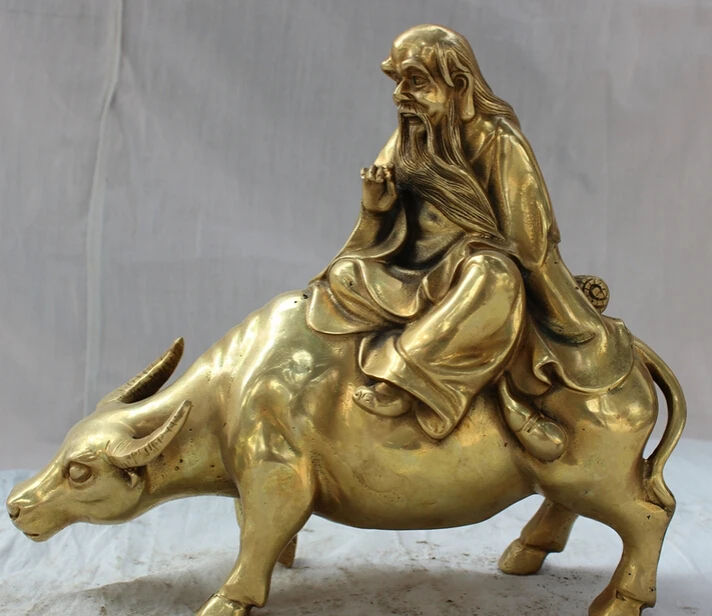 

song voge gem S4956 9" Chinese Brass Taoism Literati Philosopher Lao Zi Lao Tzu Ride Bull Ox Statue