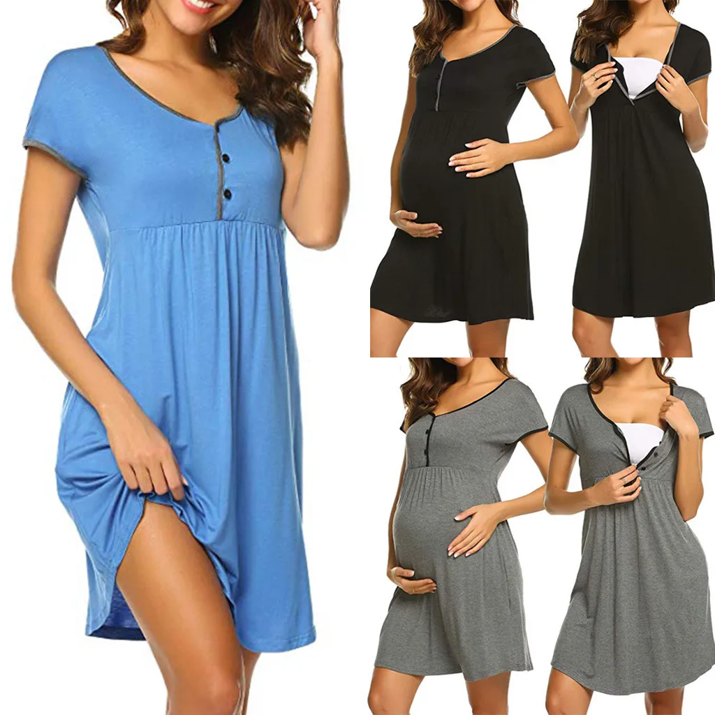 

MUQGEW summer clothes for women Fashion Pregnant Women Short-Sleeved Solid Color Button Maternity Dress zwangerschaps kleding