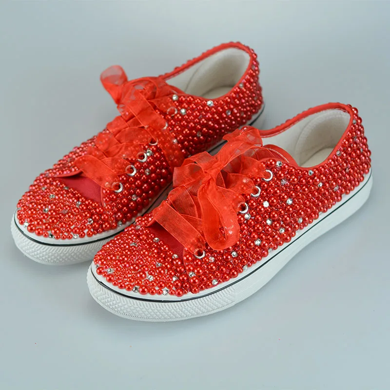 Женская Вулканизированная обувь; белые Мокасины с бусинами; персонализированные Повседневные кроссовки с надписями; Рождественский подарок; стразы, бусины; повседневная обувь - Цвет: red pearls