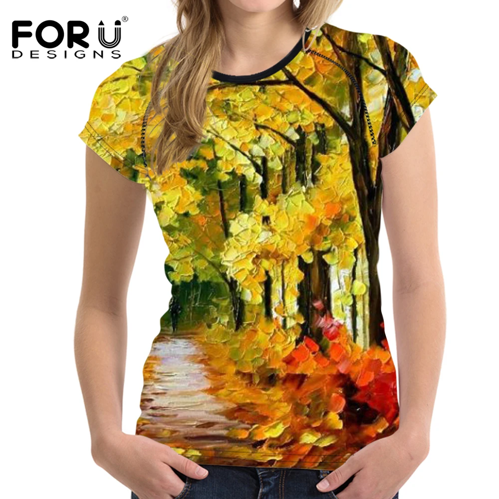 spesifikasi FORUDESIGNS T Kemeja Wanita Daun Lukisan Minyak Dicetak T shirt Teeangers Lucu Pohon Pola Tee Kemeja Puncak Musim Panas untuk Wanita