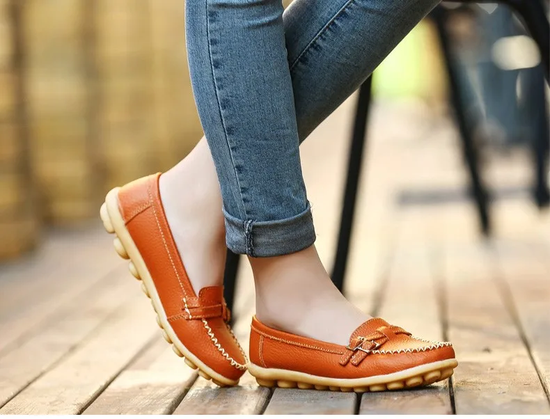 Soft Genuine Leather Shoes Women Slip On Woman Loafers Moccasins Female Flats Casual Women's Buckle Boat Shoe Plush Size 35-41 14