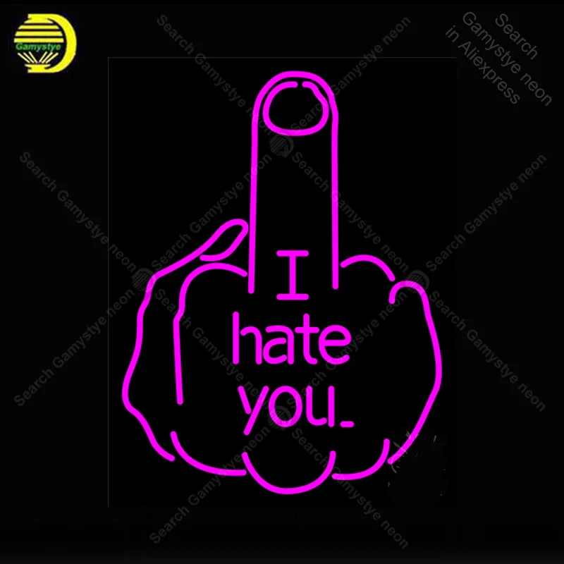 ##BUY Neon SignI Hate You uck Off Middle Finger Neon Sign Real Glass Tube Neon Bulb Signboard lighted Decor Room neon light sale