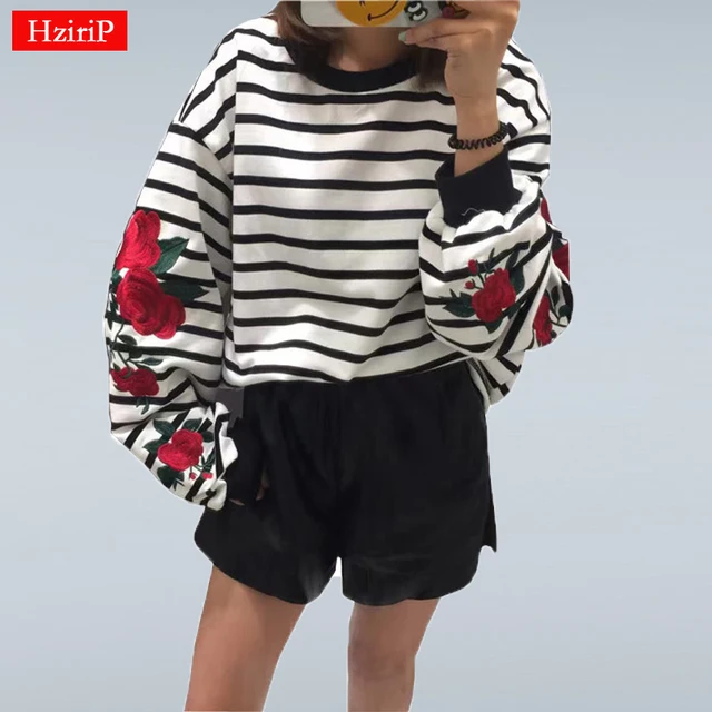 US $12.18 HziriP Autumn Harajuku Hoodies Roses Embroidery Lantern Sleeve Loose Striped Women Sweatshirt Girl