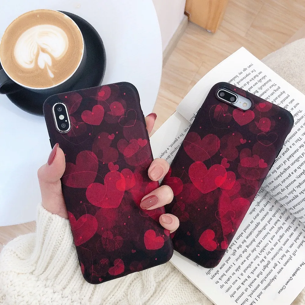

Retro dark red luxury heart pattern anti-dirt phone case for iPhone 8 plus iPhone XR case XS MAX 6 6s Plus 7 Plus 8 Plus X XS