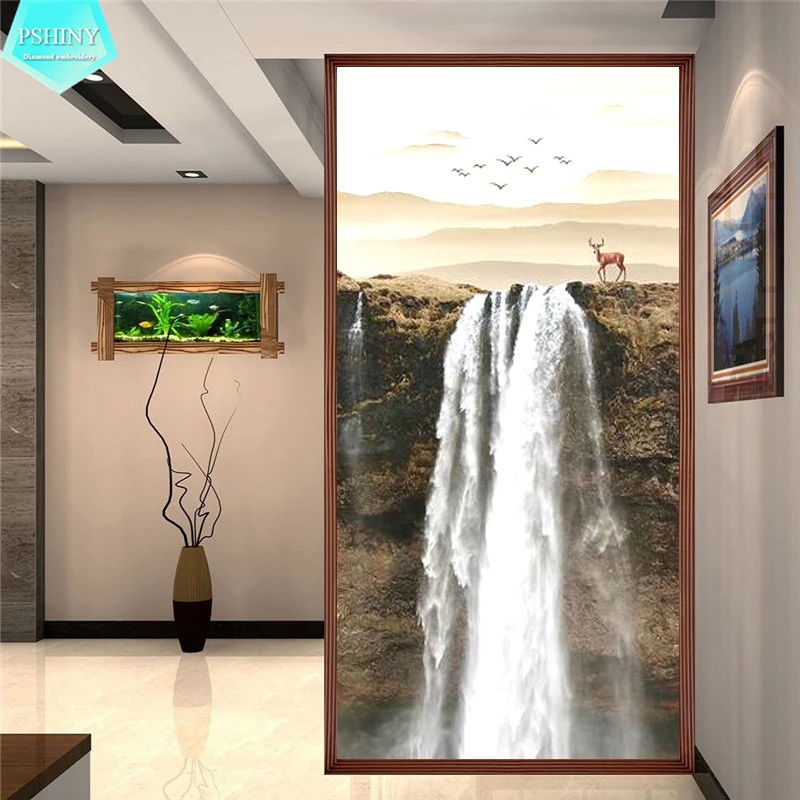 

PSHINY 5D DIY Diamond embroidery sale Waterfall Landscape Picture Full Round Rhinestone display kit Diamond Painting cross stich