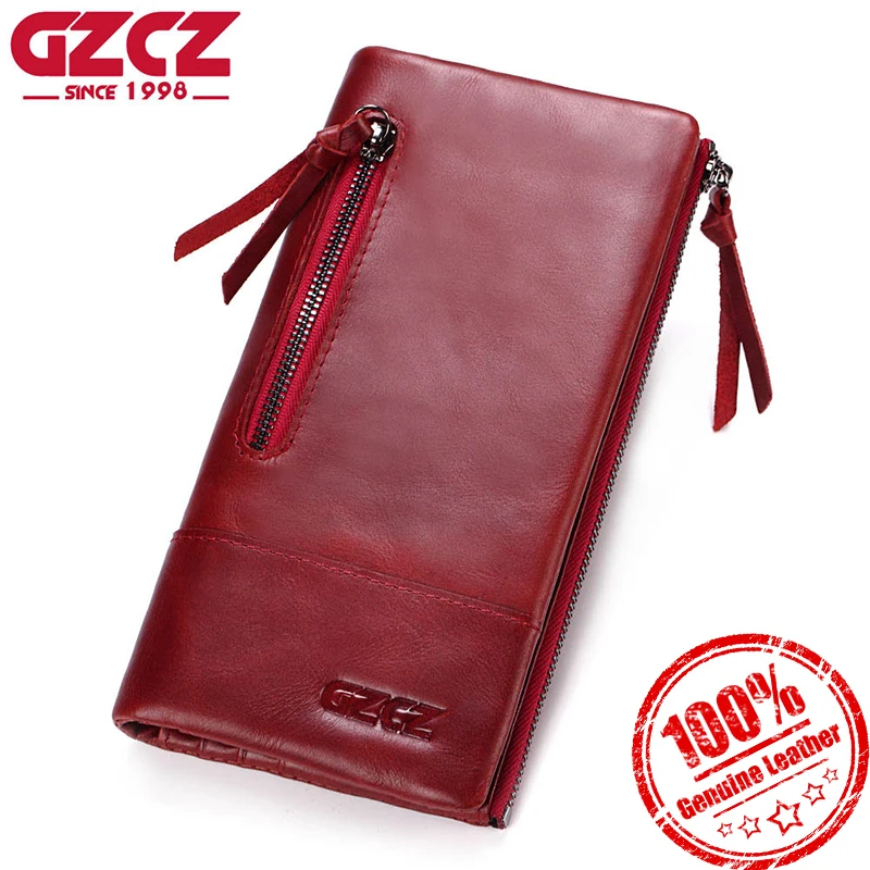 

GZCZ Genuine Leather Women Wallet Double Zipper Clamp For Money Clutch Long Fashion Female Coin Purse Wallets Portomonee
