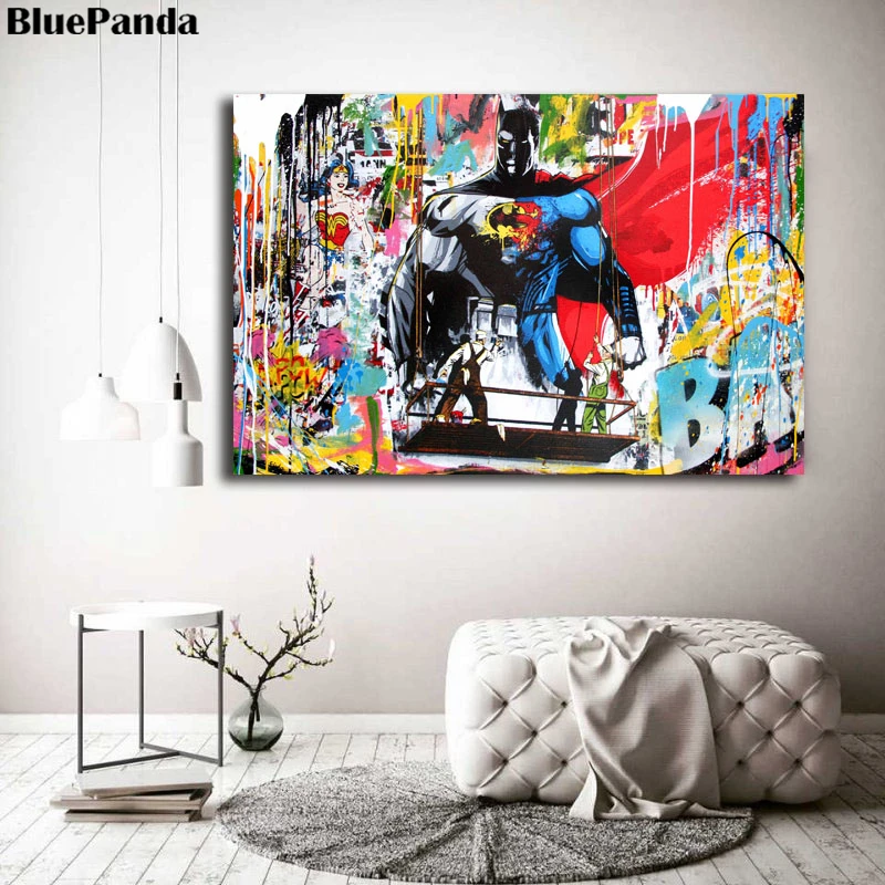 

Banksy Superhero Batman Street Art Paintings On Canvas Mr. Brainwash Modern Poster Graffit Wall Pictures For Living Room Decor