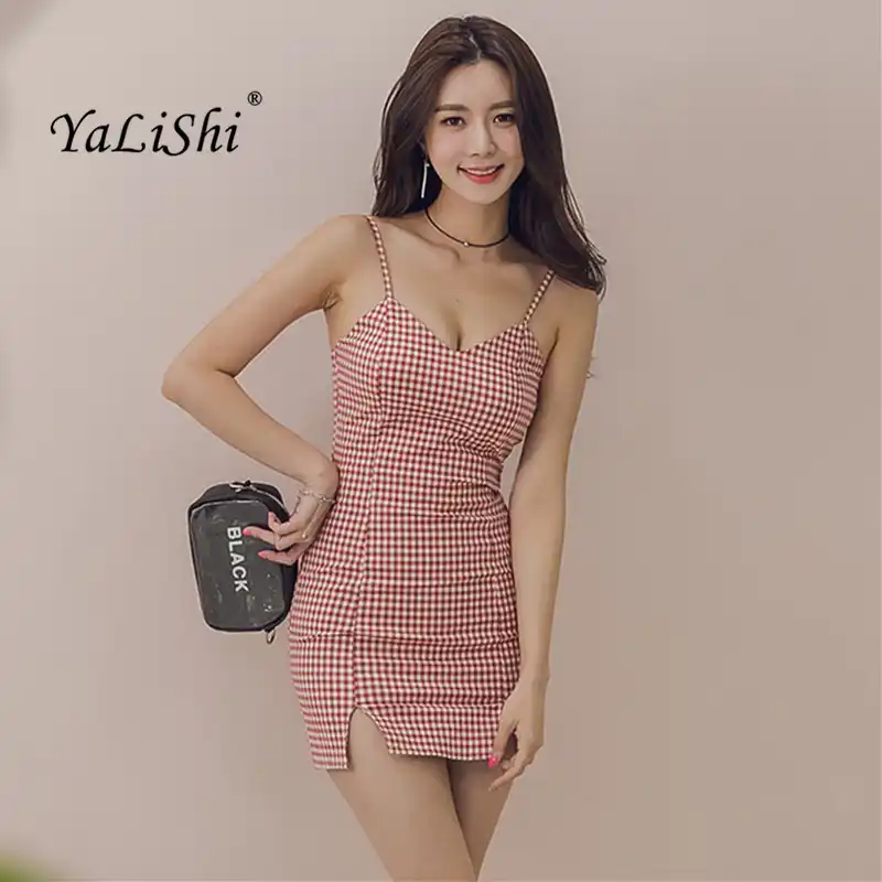 red plaid spaghetti strap dress