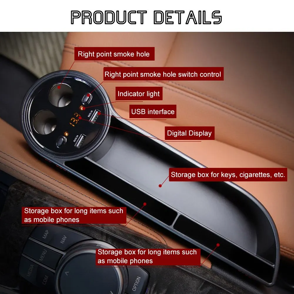 

Mini Car Seat Gap Storage Box Car Cigarette Lighter Charger Double USB Multi-function Car Charger Storage Device Car Interior