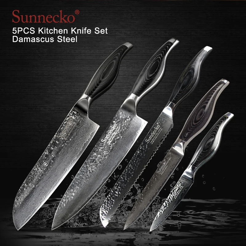 

SUNNECKO 5PCS Kitchen Knives Set 73 Layers Damascus Steel Chef Bread Utility Knife Japanese VG10 Blade Cutter Pakka Wood Handle