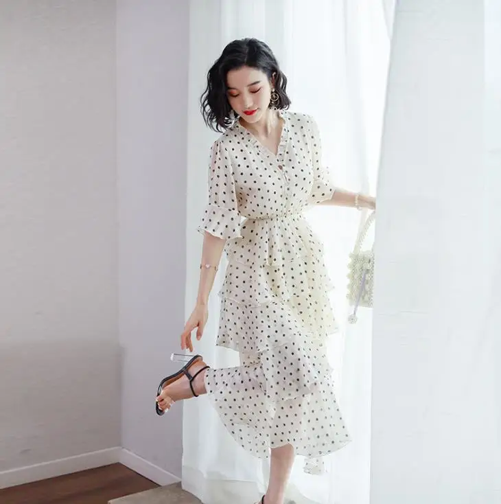 

French Romantic Polka Dot Midi Dress Half Sleeve Slim Waist Layer Cake Ruffle Dress Women Summer Vestidos Sundress