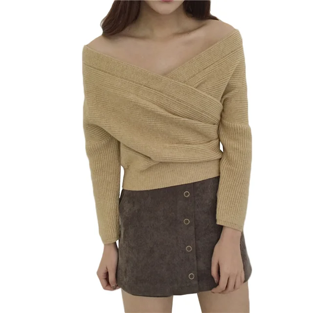 Best Offers Spring Autumn Korean Cross V-neck Sweater Women's pullover sweater off-the-shoulder shirt waist slim sexy wild Top YL347 Best Offers Spring Autumn Korean Cross V-neck Sweater Women's pullover sweater off-the-shoulder shirt waist slim sexy wild Top YL347