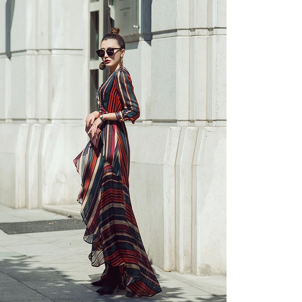 2018 Autumn Casual Long Dress Women V-Neck Cute Rainbow Color Striped Print Asymmetrical Long Sleeve Maxi Dress Lady Streetwear Dresses