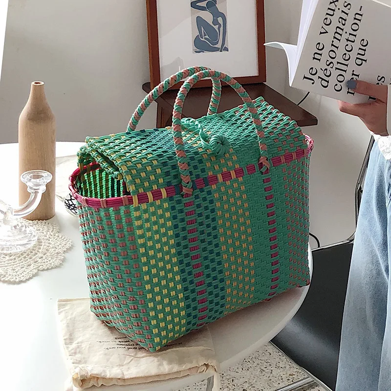 Новая вместительная Тяжелая ручная тканая полипропиленовая пластиковая сумка, Летняя Пляжная Корзина, сумка в зеленую клетку, сумка для учителя, сумка для покупок