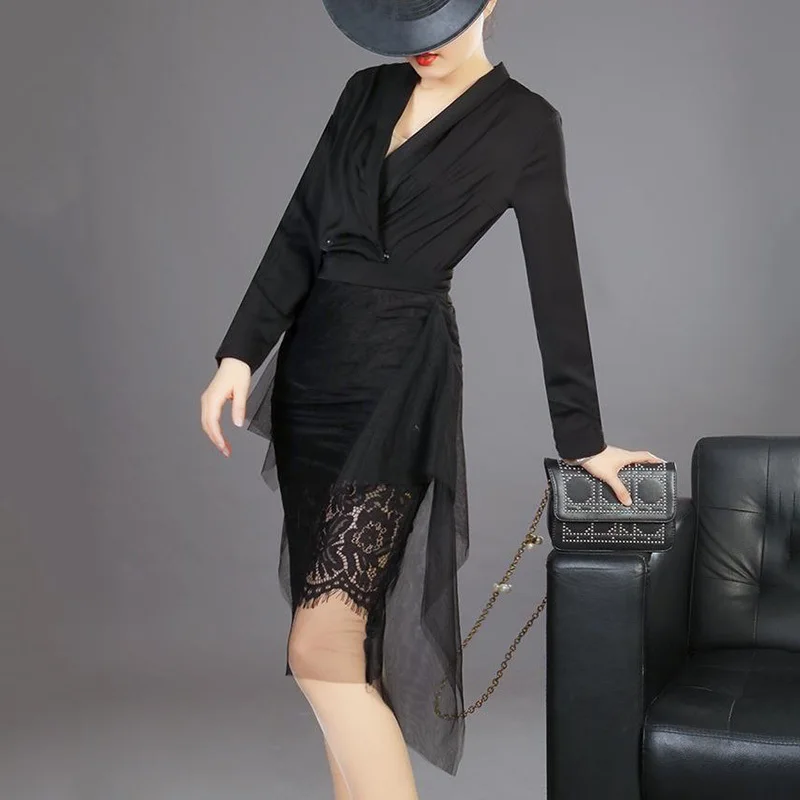 TWOTWINSTYLE, элегантные комплекты из двух предметов для женщин, v-образный вырез, длинный рукав, рубашки с высокой талией, асимметричная кружевная юбка в сетку, весна