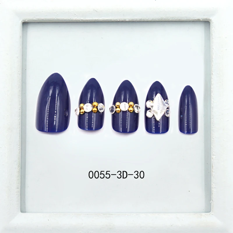 Новые 3D синие накладные ногти, предварительный дизайн с роскошными бриллиантами, модные кончики для маникюра, искусственные кончики для дизайна ногтей, французские кончики