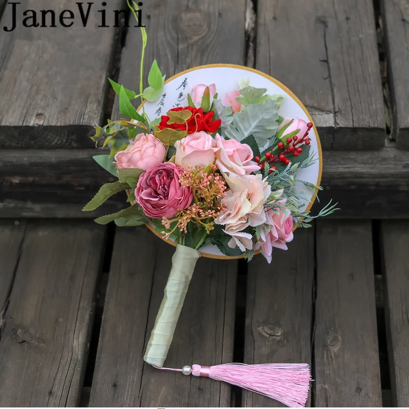 JaneVini Artificial Pink Wedding Flowers Bridal Fan Bouquets Chinese Style Red Rose Bride Hand Fan Bouquet De Fleure Mariage