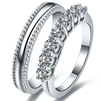 

Brief Plain Ring And 0.7Ct Seven Stones Solid AU585 White Gold Synthetic Carbon Pair Ring for Lovers Wedding Couple Jewelry