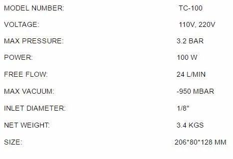 220 В(AC) 24л/мин 100 Вт безмасляная диафрагма насос 3,6 Бар Вакуумный насос TC-100