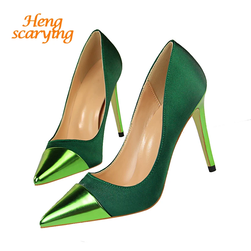

2020 Fashion 10cm High Heels Women Valentine Blue Green Pumps Female Satin Stiletto Heels Tacones Fetish Silk Glitter Pink Shoes