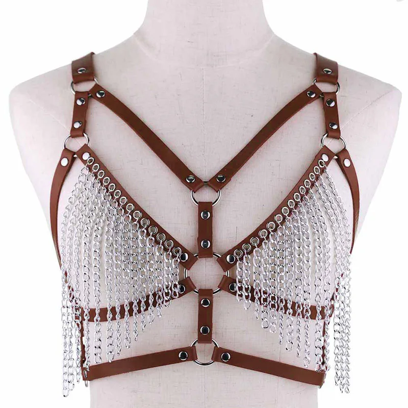 

Wholesale Sexy Bra Jewelry Bikini Jewelry Punk Long Chain Tassel PU Leather Strapped Backless Shoulder Body Jewelry for Women