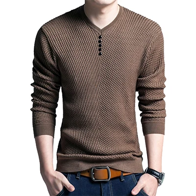 С длинным рукавом вязаный свитер Для мужчин осень-зима Повседневное Slim Fit Рождество трикотаж Для мужчин s одежда с v-образным вырезом Пуловер мужской sueter hombre - Цвет: Brown CC010