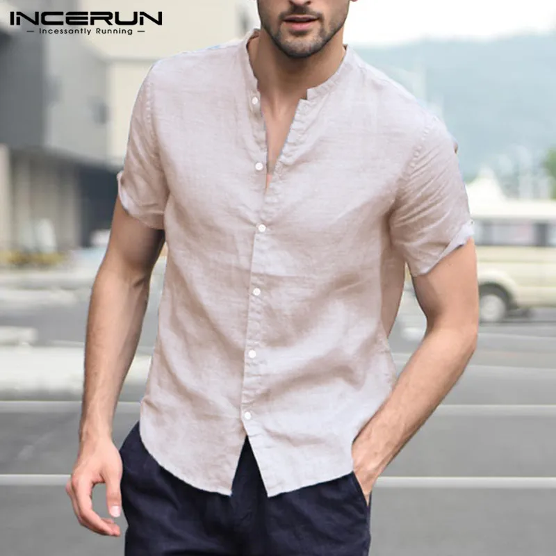 INCERUN,, модная мужская рубашка с коротким рукавом, стоячий воротник, уличная одежда, топы, одноцветные, мужские повседневные брендовые рубашки, Camisa Masculina