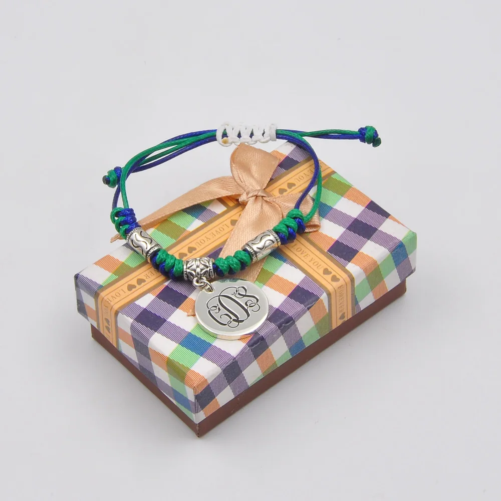 Monogram Disc Bracelet With Braided Rope Chain, Engrave 3 Letters Disc