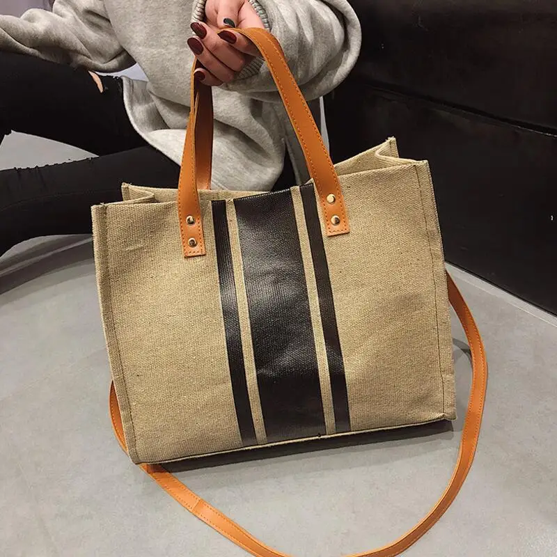 

Casual Women Canvas Tote Bag Big Purses and Handbags Simple Stripes Ladies Shoulder Hand Bags Practical Large Crossbody Bags