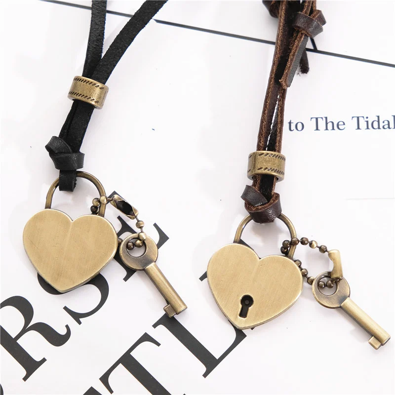 

NIUYITID Women Necklace & Pendant Fashion Heart Key Charm Genuine Leather Necklace For Man Boy Bijoux Collier Gift Drop Shipping