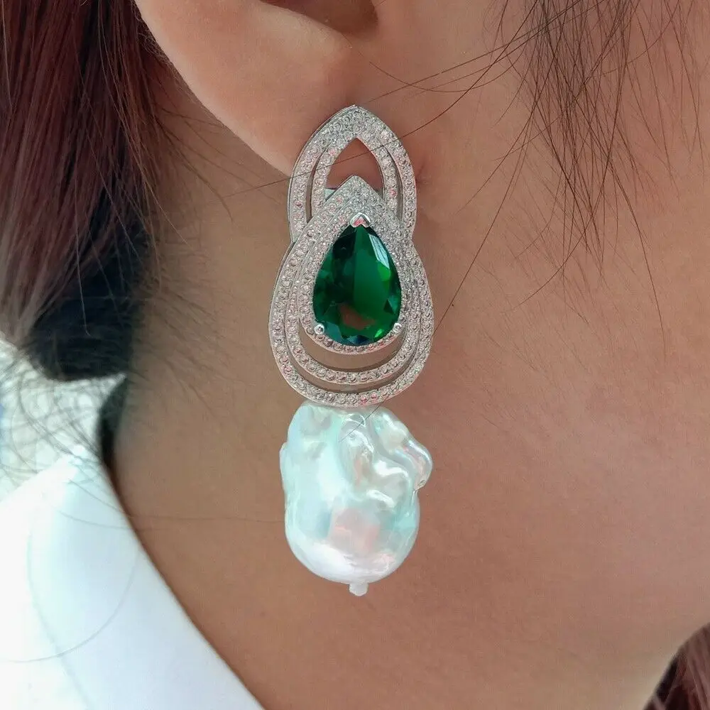 

Cultured White Keshi Pearl Green Cz Rhinestone Earrings