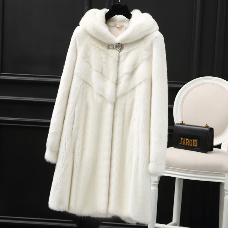 

2019 winter new real mink fur coat women's whole mink fur coat simple fashion long section with hooded coat