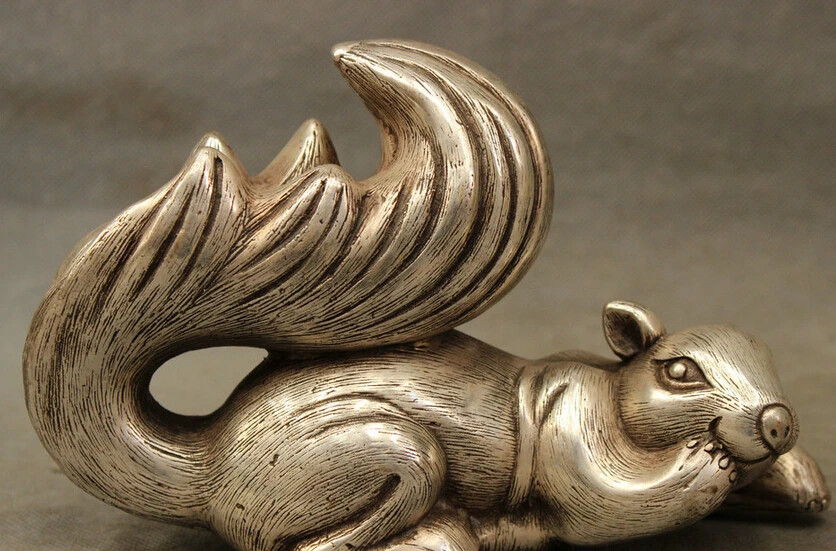 

song voge gem S3735 8" Folk Chinese Silver Animals Lucky Squirrel Statue Brass Love Mouse Sculpture